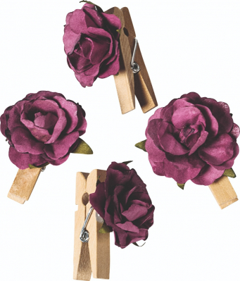 Dřevěné kolíčky s bordó květy růží 2,5cm, 6ks