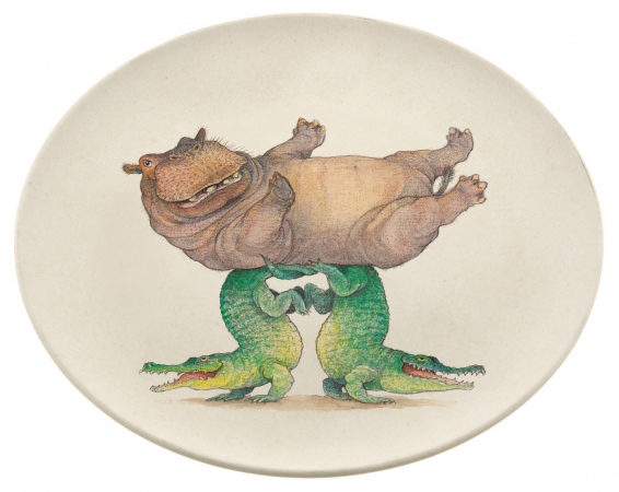 detail Bambusový talíř, Hroch a krokodýl