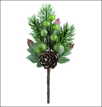 detail Dekorační větvička borovice s bobulemi a šiškou, cca 16cm
