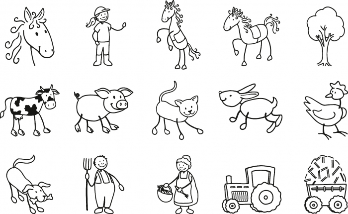 detail Set dřevěných minirazítek Kůň a farma, 15 ks