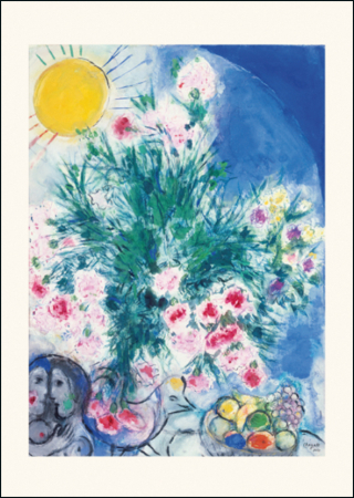 detail Blahopřání s obálkou 17x12cm: Kytice květin a milenci, Marc Chagall