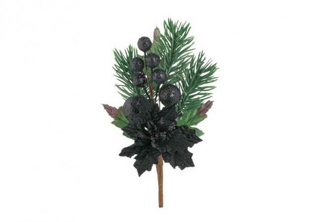 detail Dekorační větvička borovice s černou vánoční hvězdou, cca 15cm